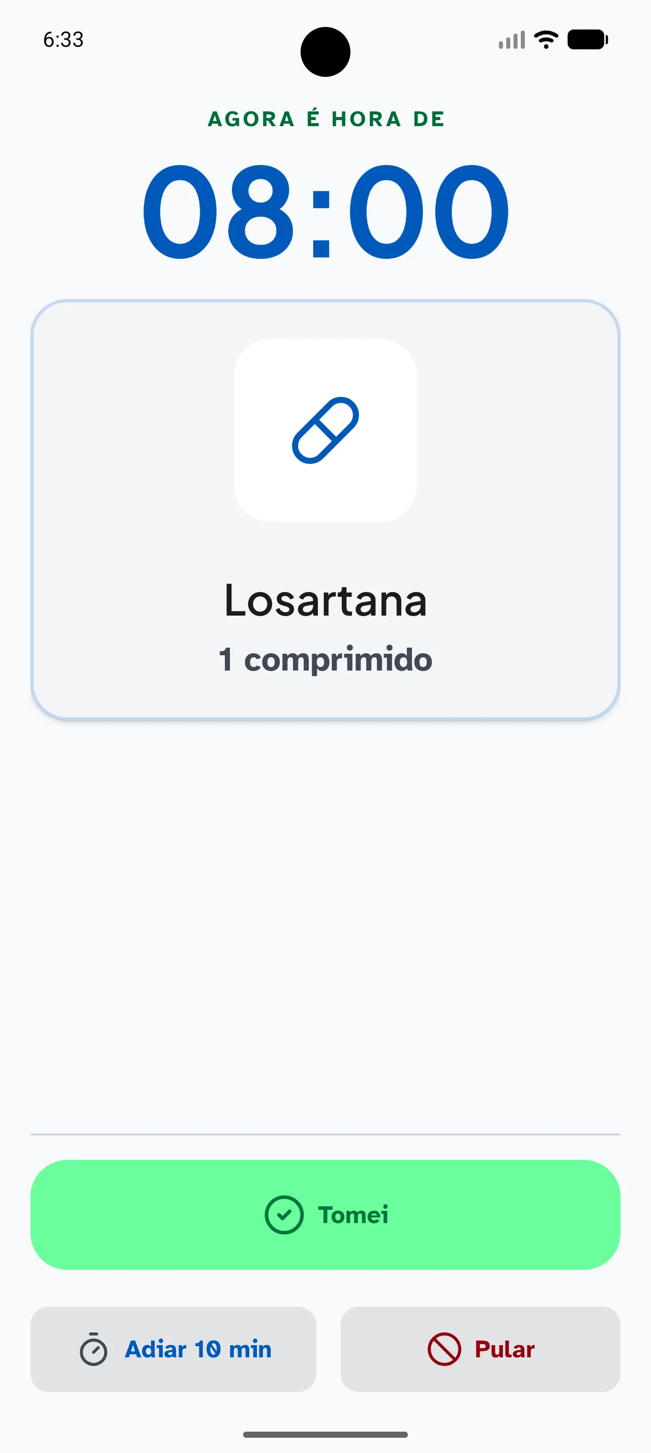 Lembrete em tela cheia do Pingo para tomar Losartana, com ações de tomar, adiar ou pular.