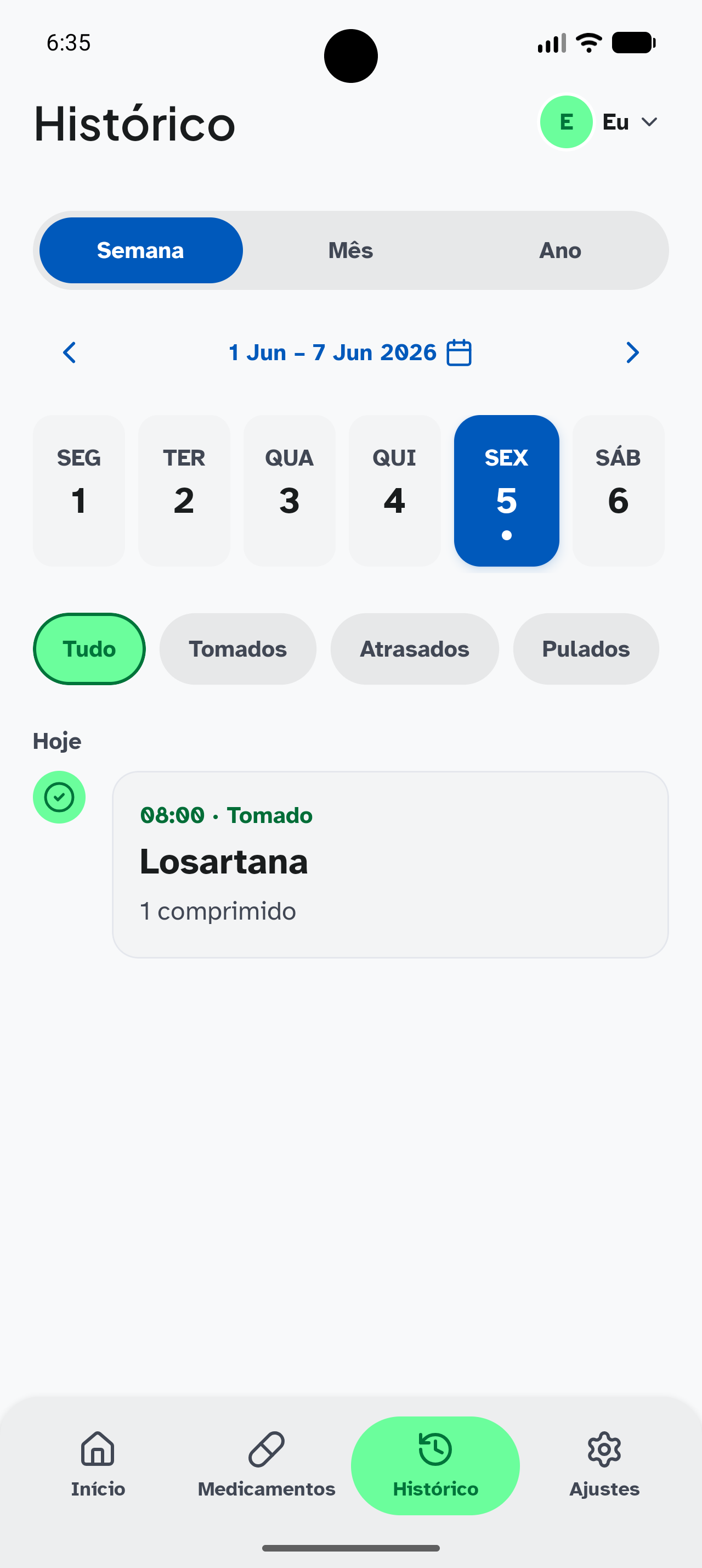 Tela de histórico do Pingo com filtros de semana, tomados, atrasados e pulados.
